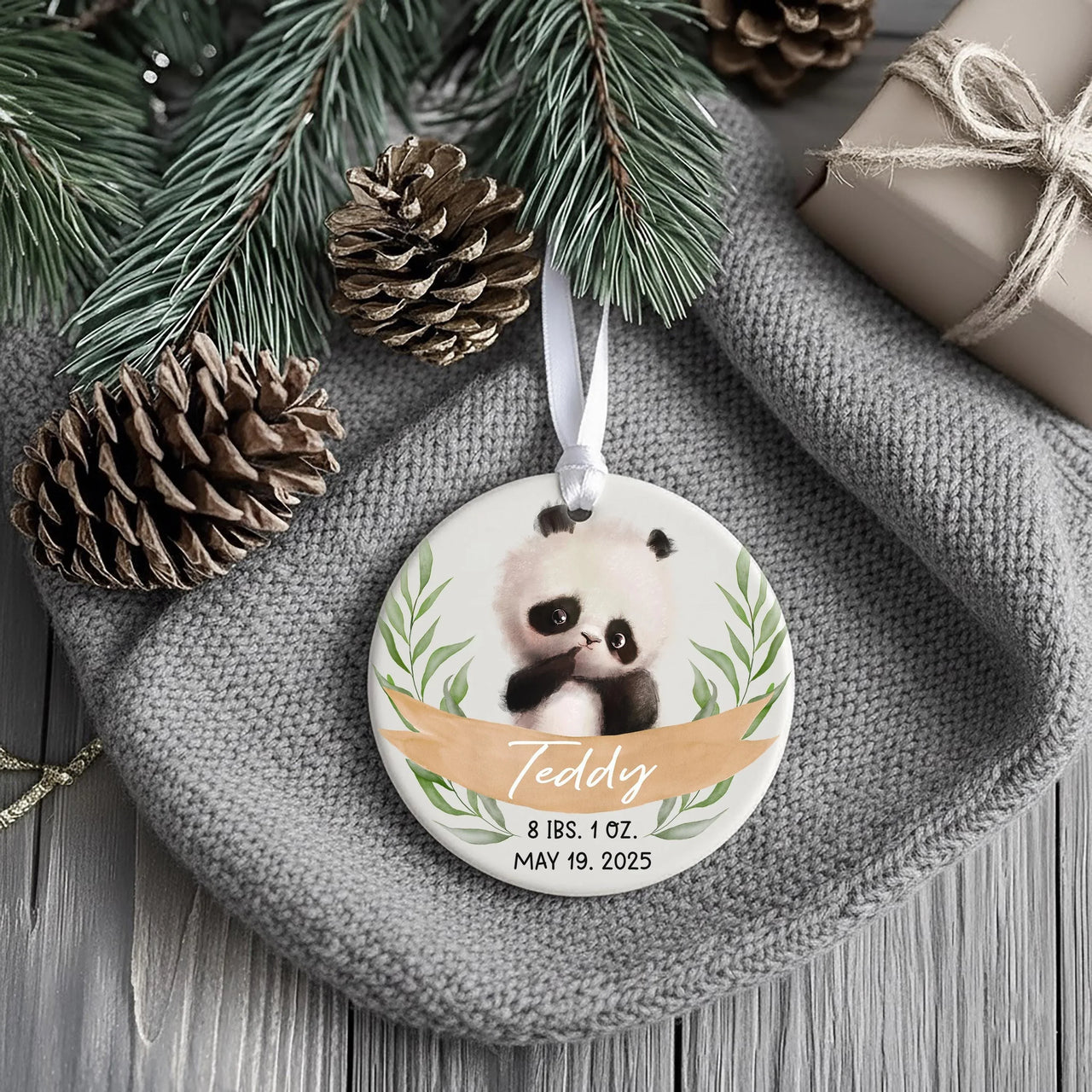 Panda Baby Birth Stats Ornament - Newborn Keepsake with Name, Date & Weight for Nursery