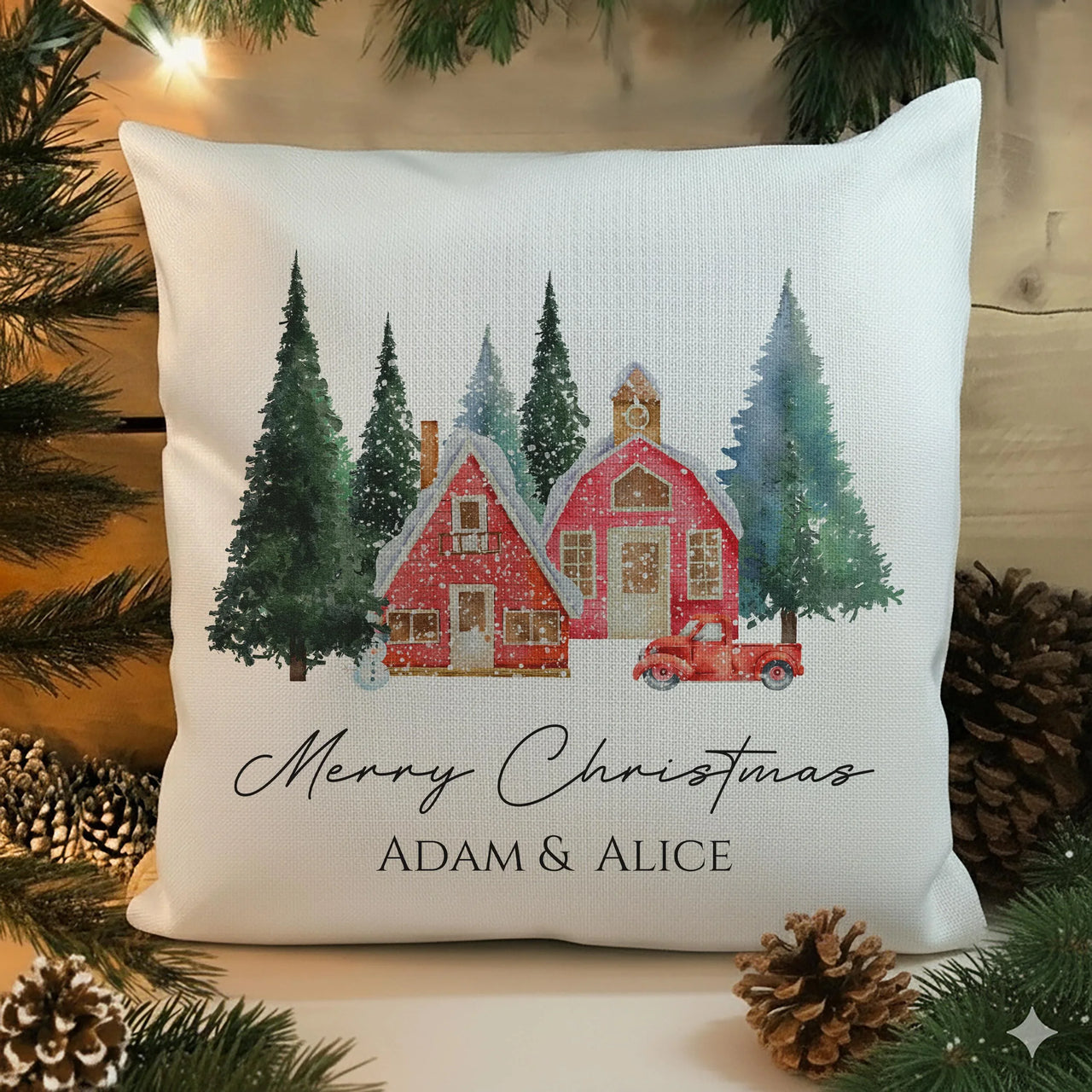 Personalised Christmas Cushion – Red Winter Design | Linen & White Cover
