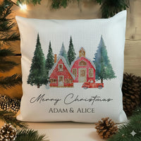 Personalised Christmas Cushion – Red Winter Design | Linen & White Cover
