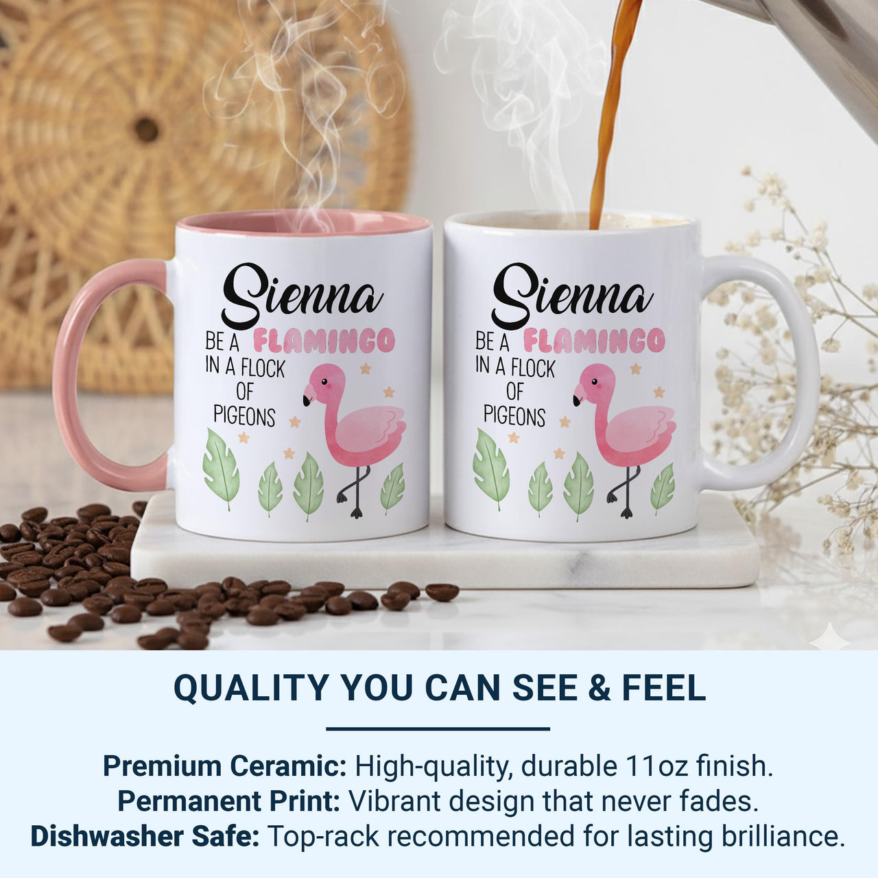 Flamingo Mug Personalised with Name and Quote _ Be a Flamingo in a Flock of Pigeons Gift