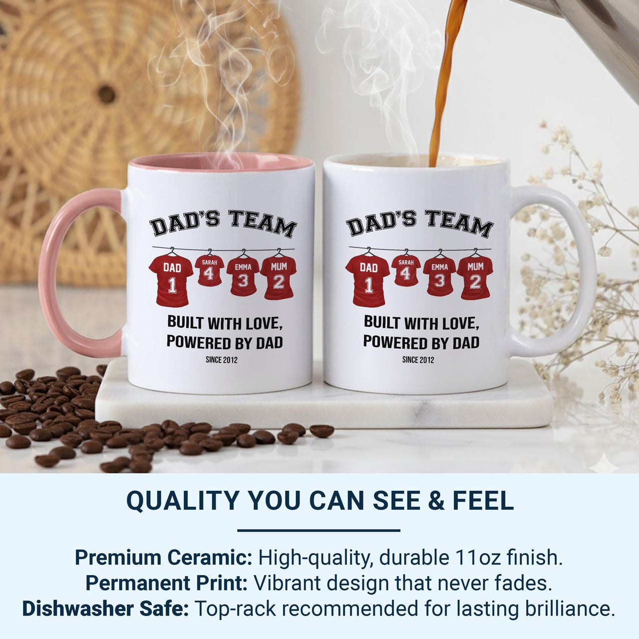 Dad’s Team Personalised Family Mug – Names, Numbers and “Built with Love” – Father’s Day, Birthday and Christmas Gift for Dad