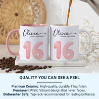 16th Birthday Personalised Mug – Script Name with Watercolour Number – Sweet Sixteen Milestone Keepsake and Party Morning Gift