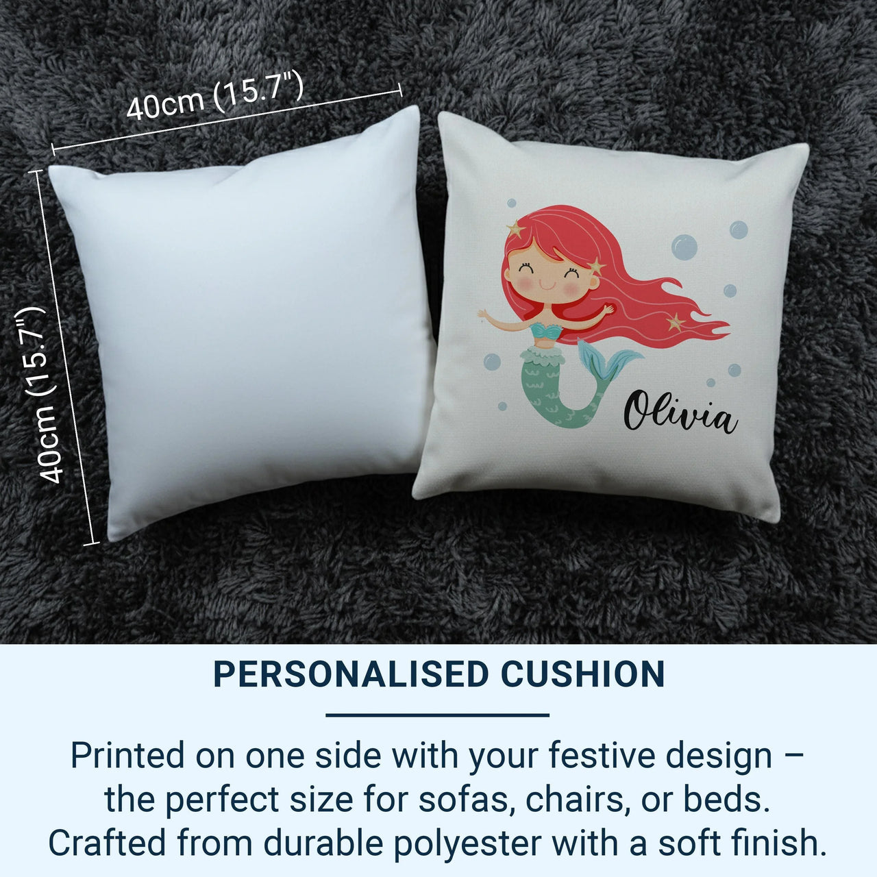 Personalised Mermaid Cushion – Soft Kids Room Pillow With Custom Name Detail