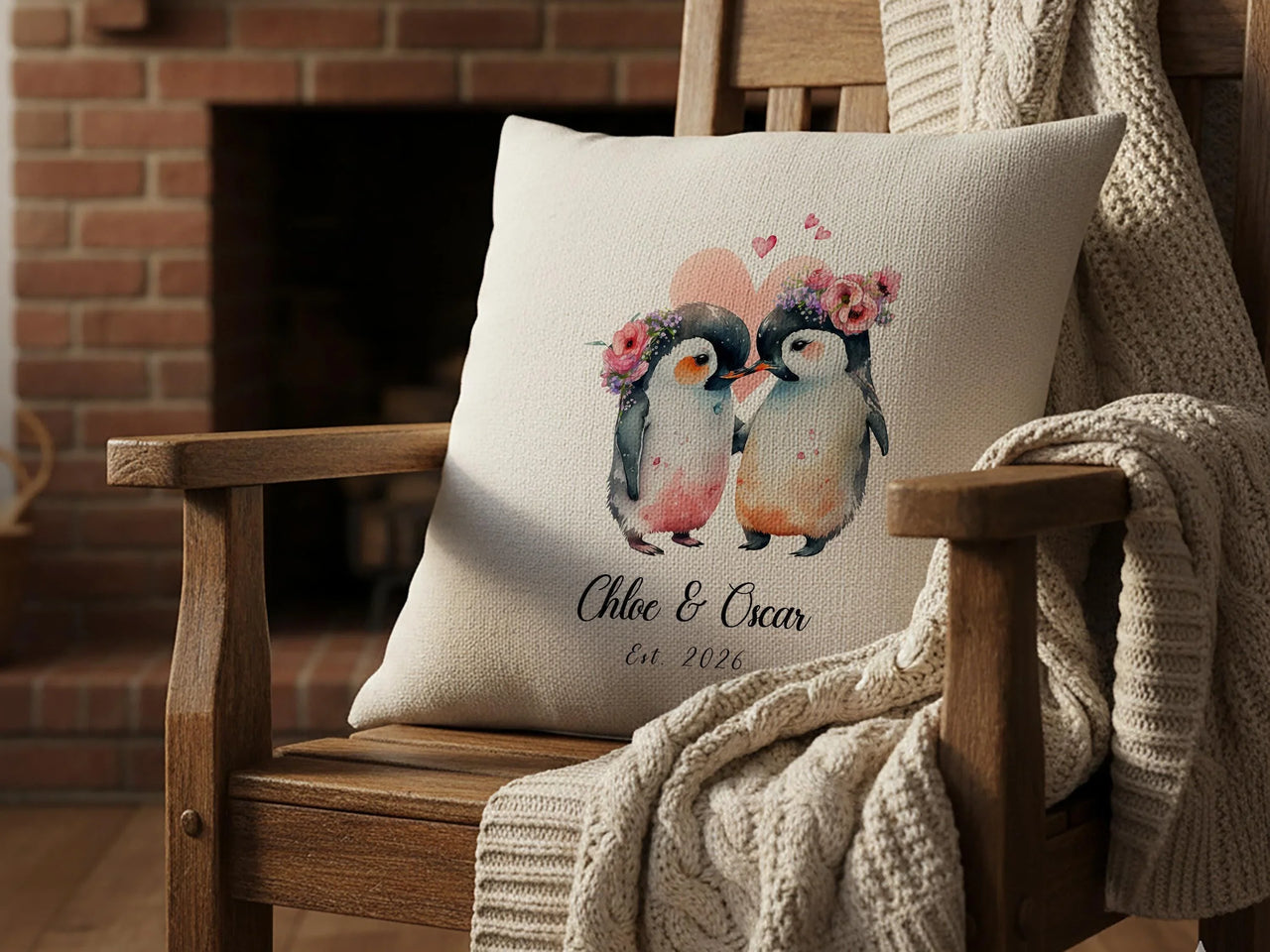 Personalised Penguin Cushion – Romantic Keepsake With Floral Crown Design & Custom Name Pillow