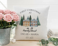 Personalised New Home Christmas Cushion - Winter Houses with Address & Names