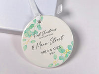 New Home Eucalyptus Ornament - First Christmas Keepsake with Address & Names