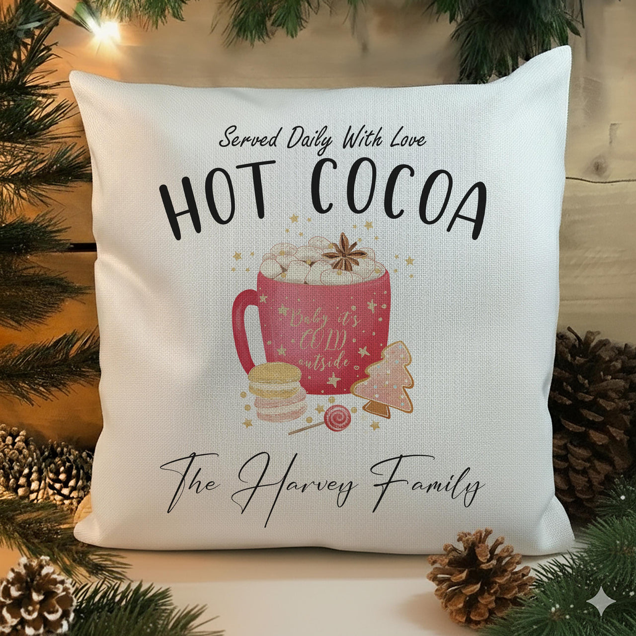 Personalised Hot Cocoa Cushion - Whimsical Christmas Keepsake with Family Name & Sweet Treats