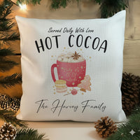 Personalised Hot Cocoa Cushion - Whimsical Christmas Keepsake with Family Name & Sweet Treats