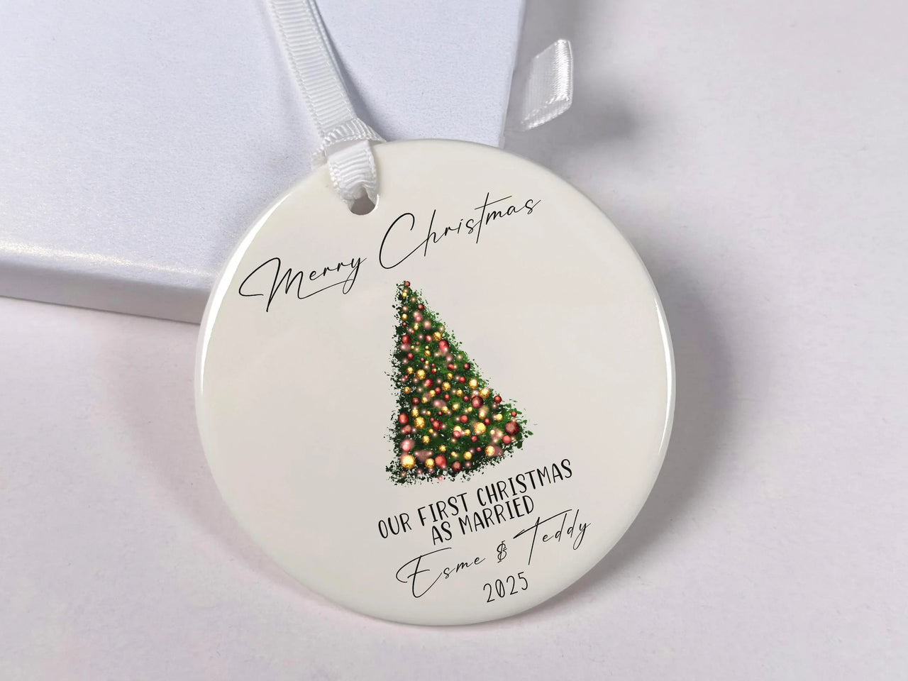 Personalised First Christmas Married Ceramic Ornament with Xmas Tree Design, Mr and Mrs Round Decoration, Minimalist Bauble, Just Married