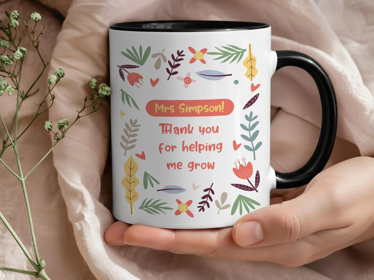 Personalised Teacher Mug – Floral Thank You Teacher Appreciation Gift – Custom Keepsake