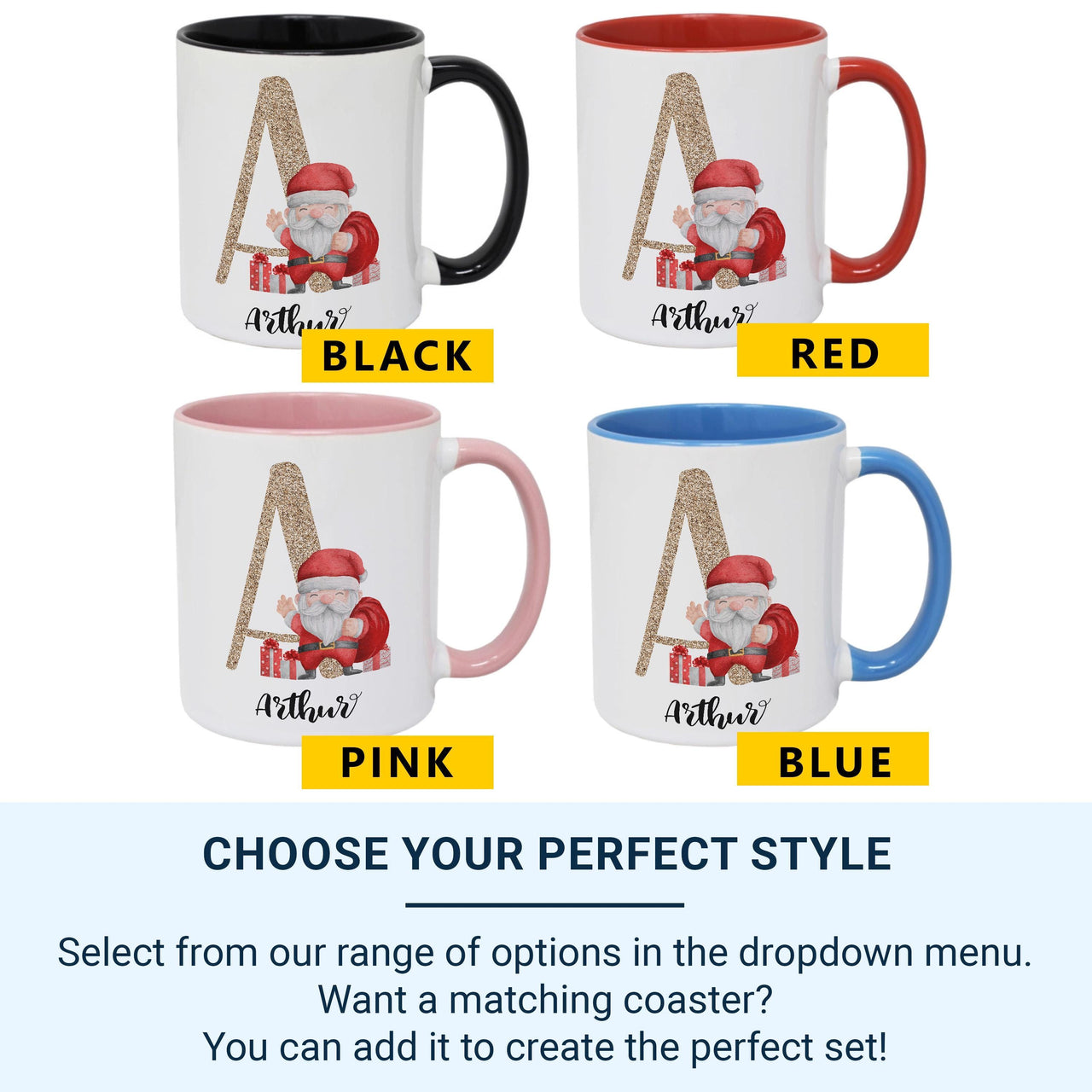 Personalised Santa Mug with Glitter Initial and Name - Christmas Gift for Kids