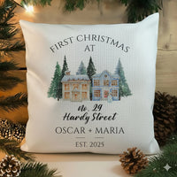 Personalised New Home Christmas Cushion - Winter Houses with Address & Names