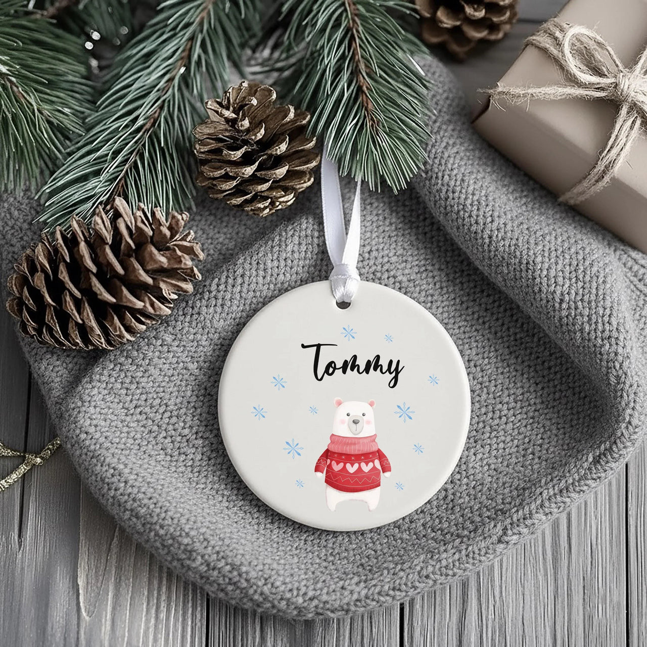 Polar Bear Xmas Ornament - Festive Keepsake in Red Jumper with Name for Kids & Grandchildren
