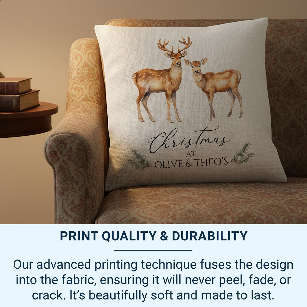 Personalised Family Christmas Cushion - Watercolour Deer Design with Names