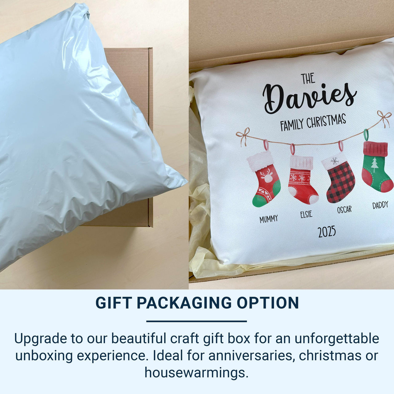 Personalised Family Christmas Stockings Cushion - Festive Keepsake with Names & Year