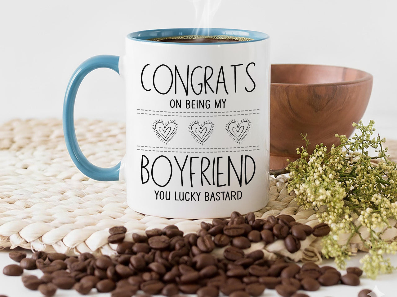 Funny Boyfriend Mug – “Congrats on Being My Boyfriend, You Lucky B***ard” – Cheeky Romantic Gift for Anniversary and Valentine’s