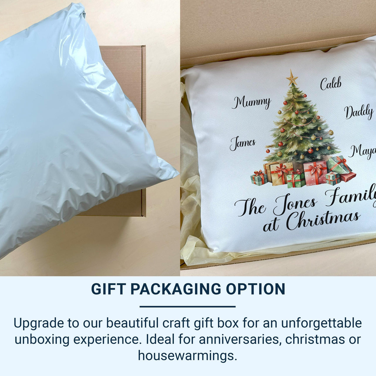 Family Christmas Cushion Cover - Personalised Christmas Pillow with Xmas Tree Design - Unique Christmas Home Decor Gift