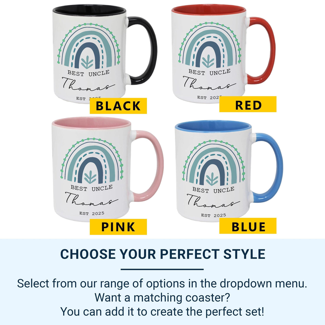 Best Uncle Personalised Mug – Name and EST. 2025 with Rainbow Motif – New Uncle Announcement and Baby Shower Gift