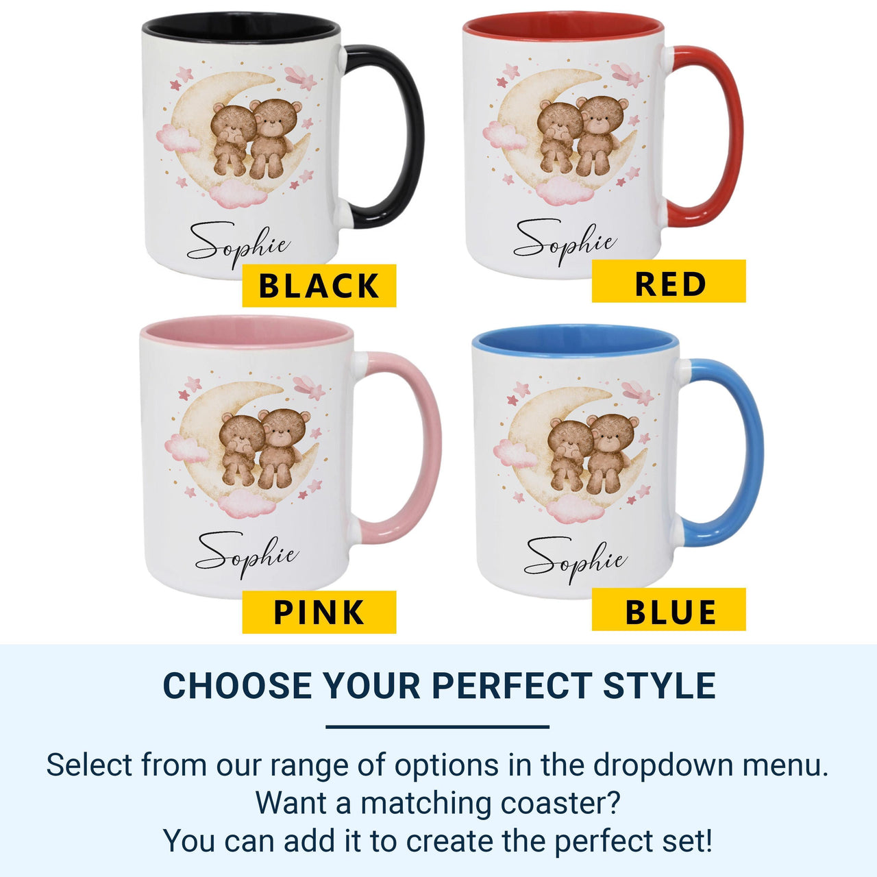 Personalised Baby Name Mug – Moon, Stars and Teddy Bears with Script Name – Dreamy Nursery and New Mum Gift