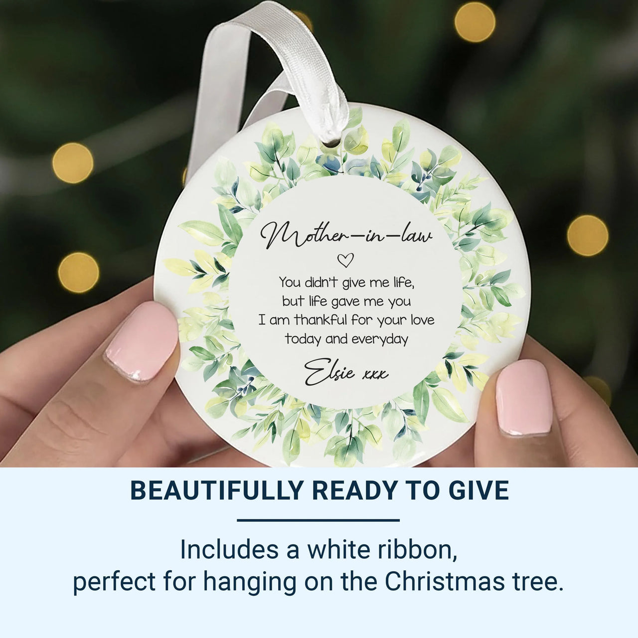 Mother-in-Law Quote Ornament - Leafy Wreath Keepsake with Name & Message