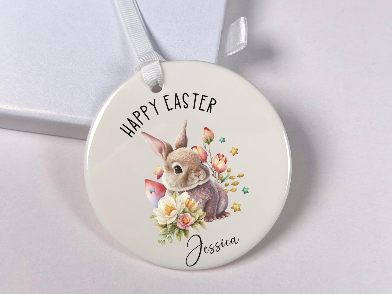 Bunny Easter Ornament - Watercolour Keepsake with Flowers & Name for Children