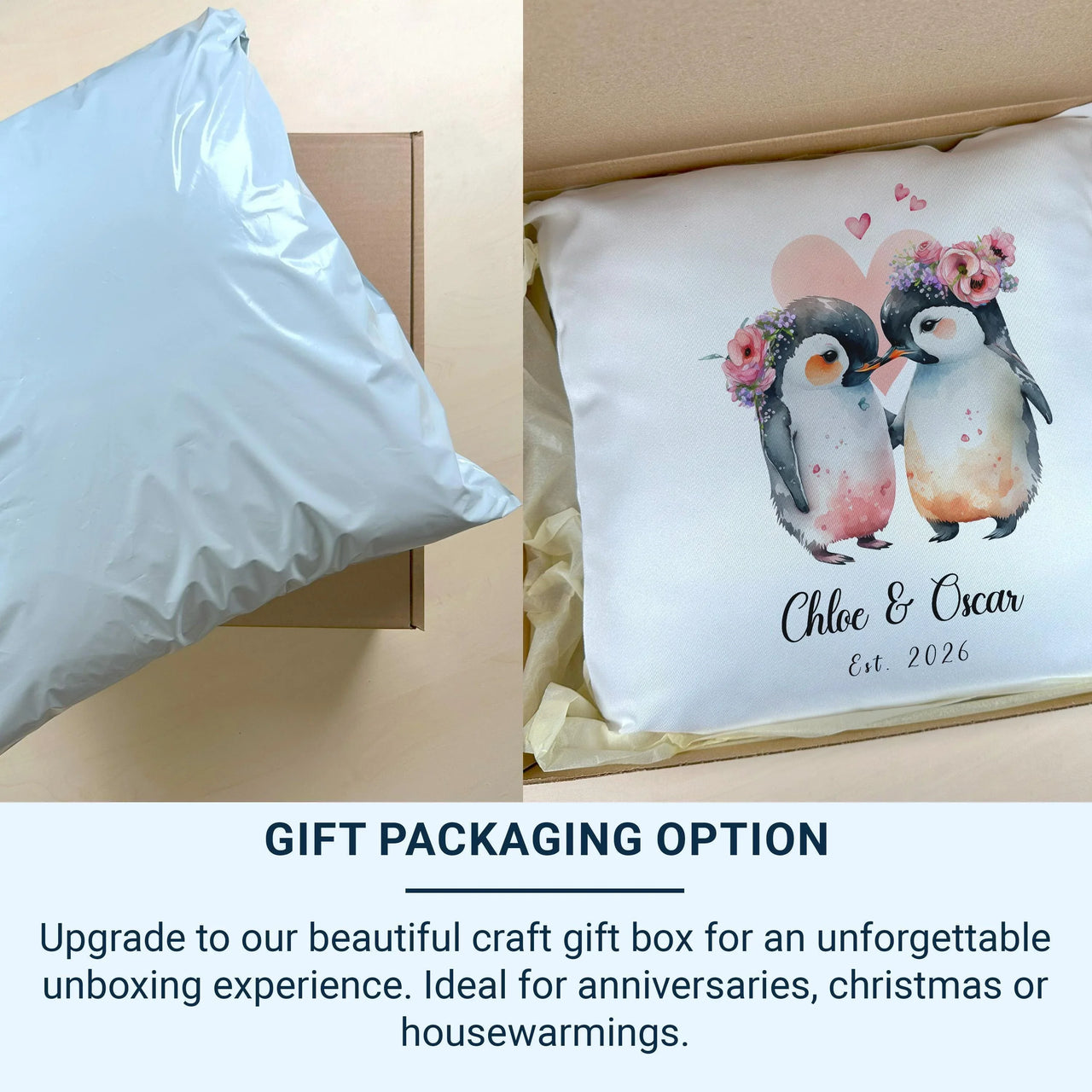 Personalised Penguin Cushion – Romantic Keepsake With Floral Crown Design & Custom Name Pillow