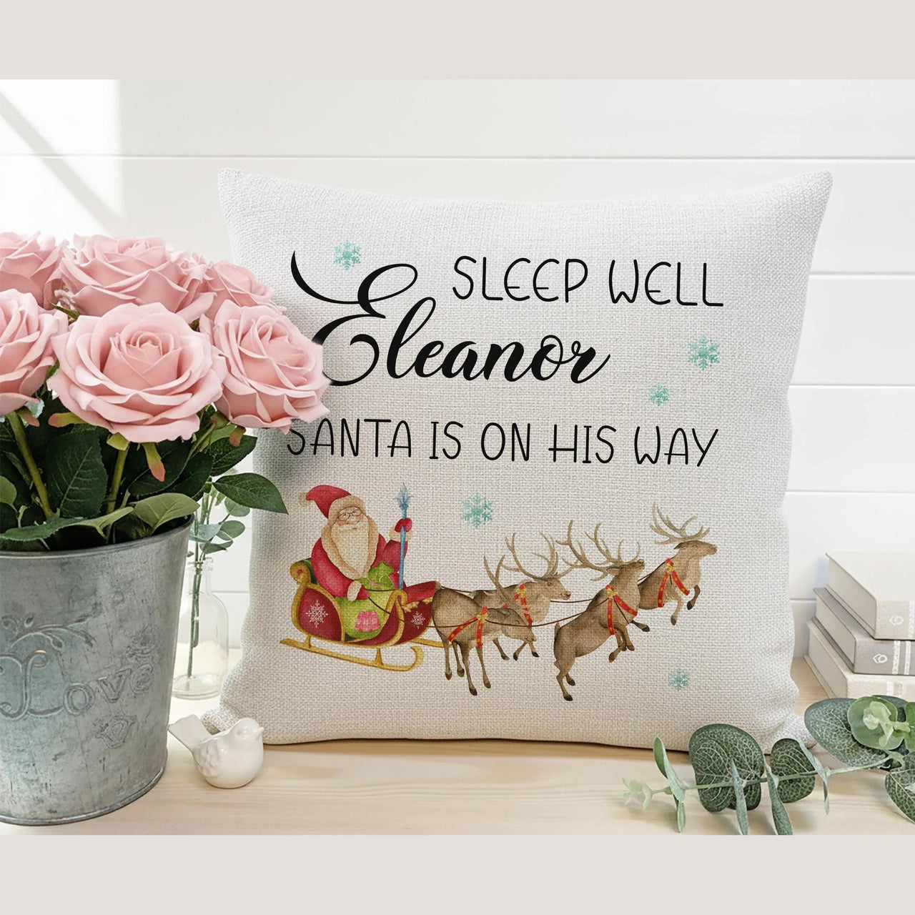 Personalised Christmas Cushion – Santa Sleigh Cushion with Custom Name & Plush Pillow