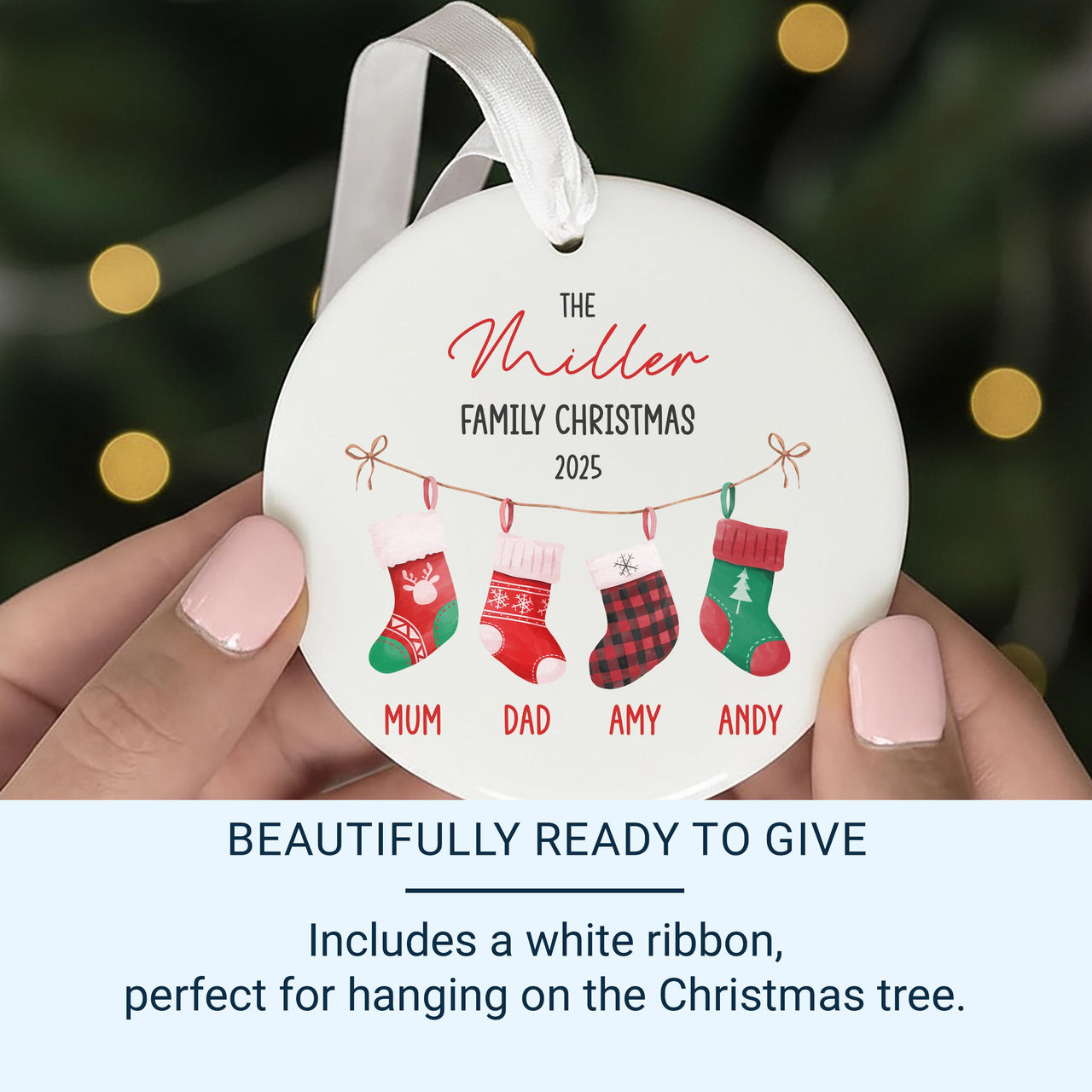 Personalised Family Christmas Ornament, Christmas Stockings Bauble, Custom Xmas Home Round Ceramic Decoration, Best Gift for Grandparents UK