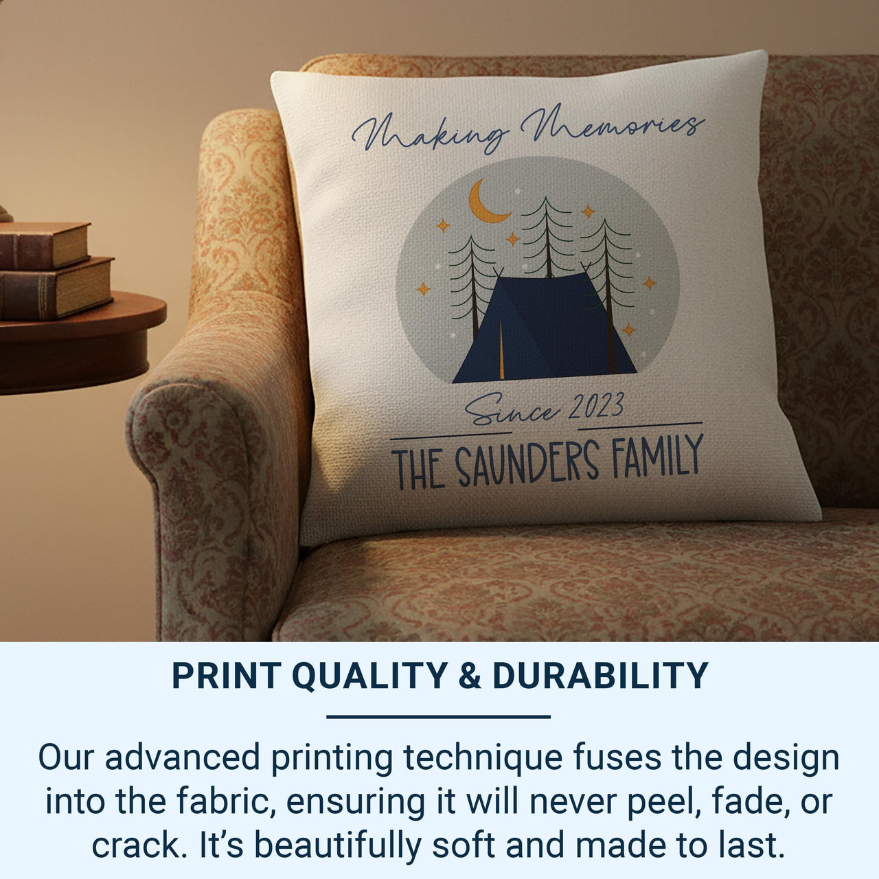 Personalised Family Camping Cushion - Outdoor Adventure Keepsake with Tent & Stars