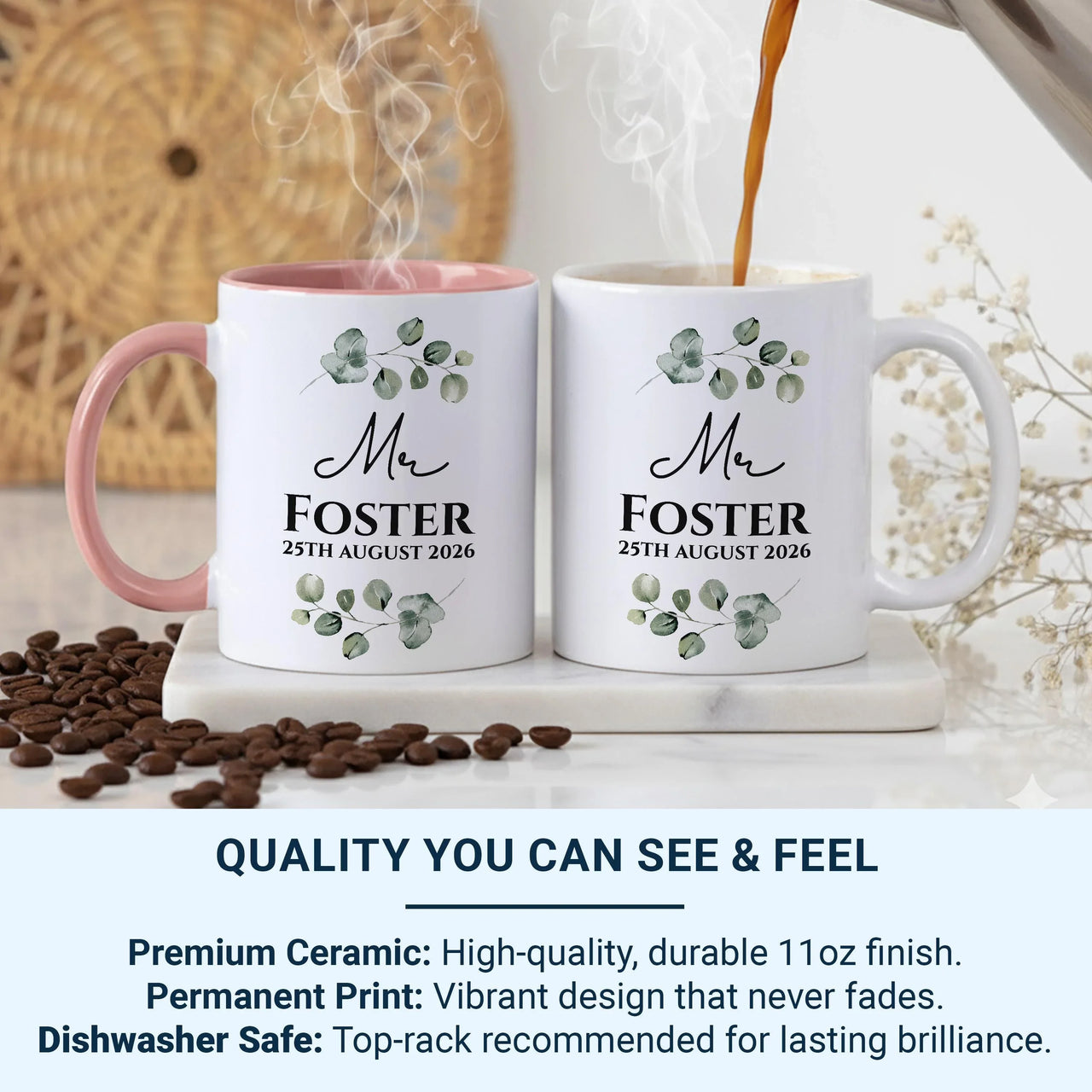 Mr Wedding Date Mug – Personalised Surname and Eucalyptus – Groom Gift, Newlywed Keepsake and Wedding Morning Brew