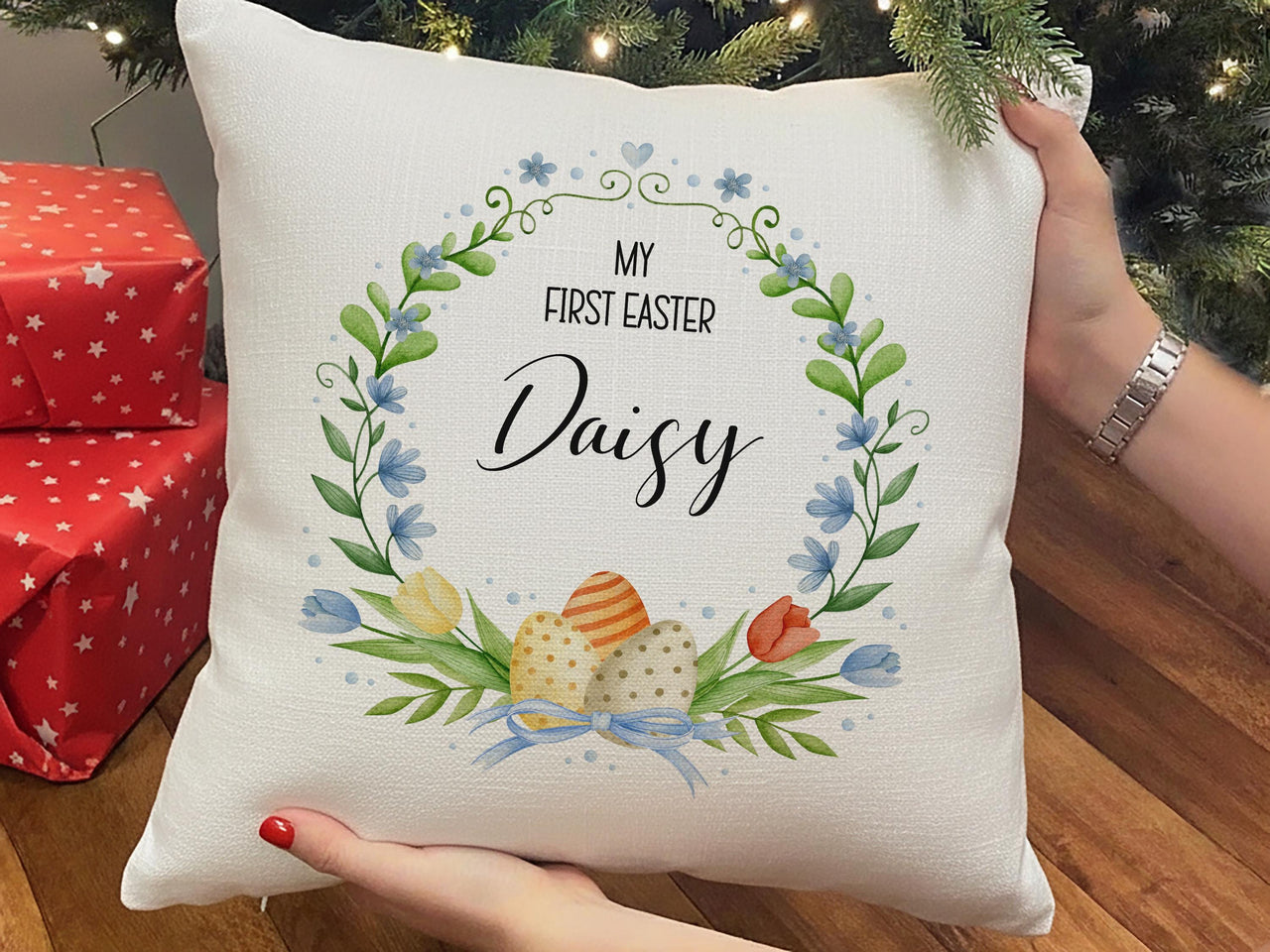 Personalised My First Easter Cushion with Name - Floral Wreath Baby Keepsake for Spring Family Memories