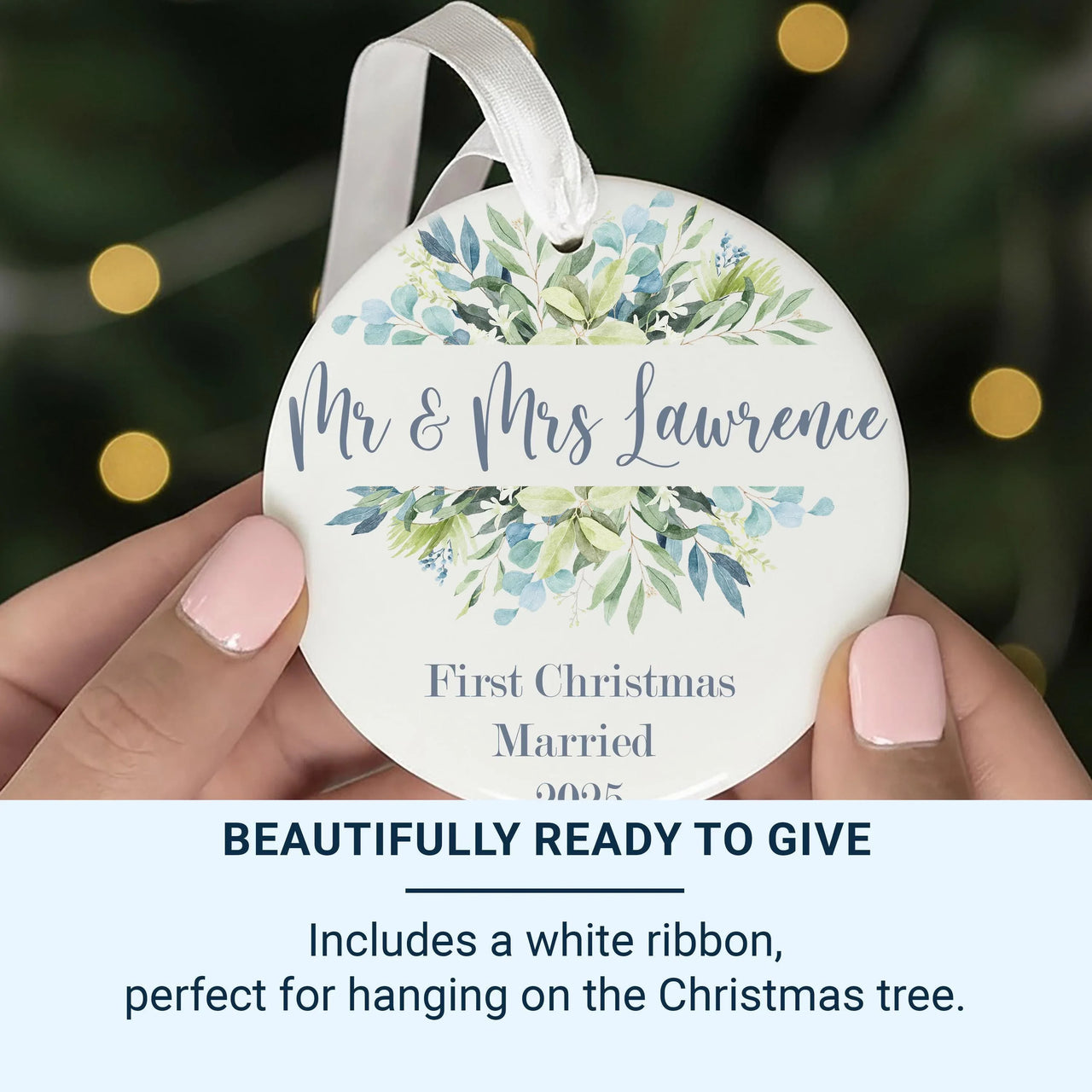 First Christmas Married Ornament - Leafy Wreath Keepsake for Newlywed Couples