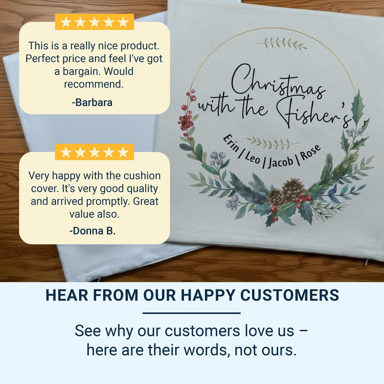 Personalised Christmas Family Cushion Cover, Xmas Wreath Home Decor, Gift for Friend, Stocking Filler, Family Name Pillow, Gift Under 20