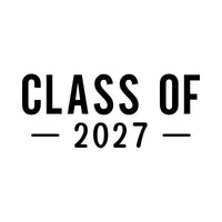 Flat artwork: 'CLASS OF 2027' in black capitals with side lines, iron-on transfer
