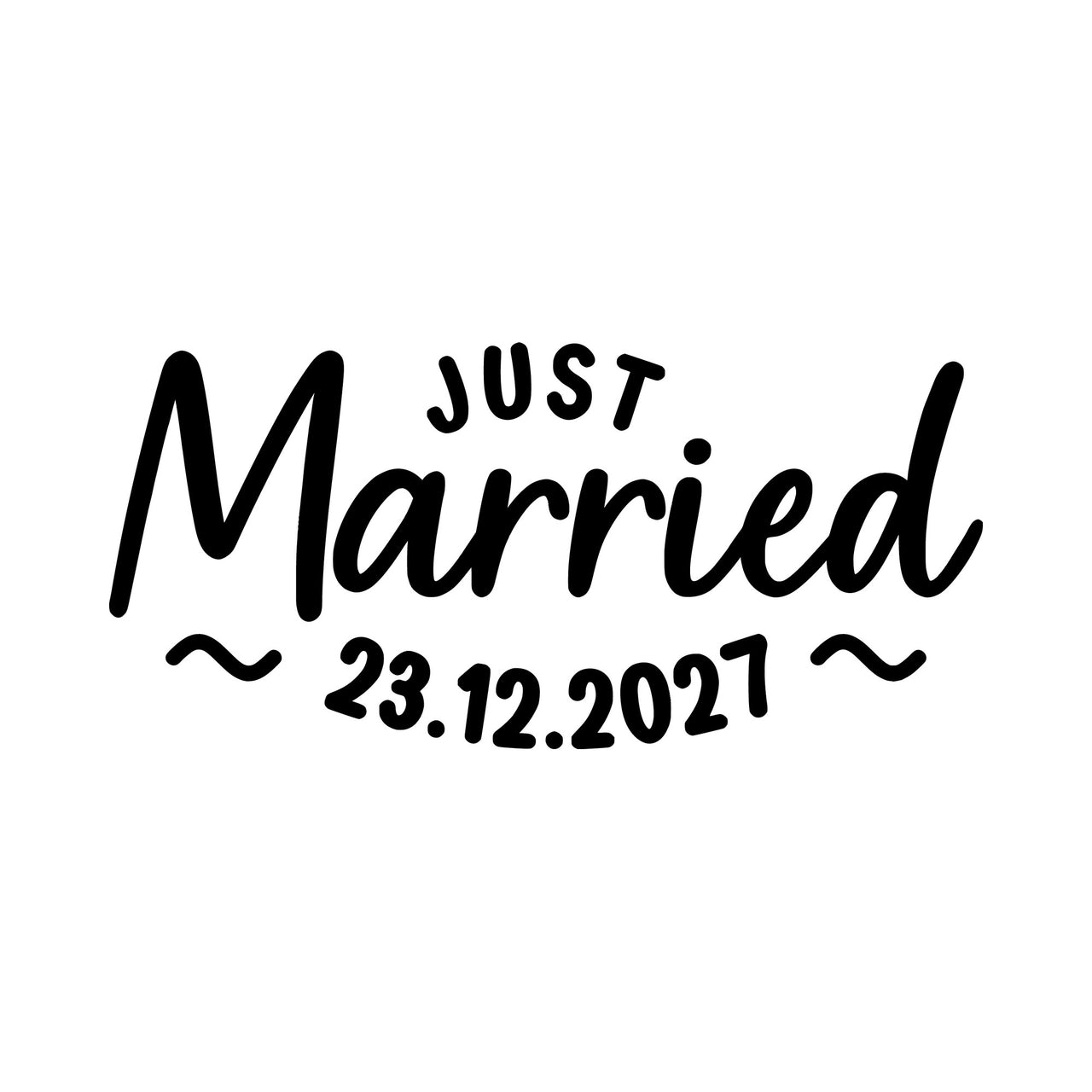 Flat artwork: 'JUST' above 'Married' in script with '23.12.2027' and wave flourishes - iron-on vinyl transfer design