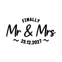 Flat artwork: arched 'FINALLY' above script 'Mr & Mrs' and '~ 23.12.2027 ~' - iron-on vinyl transfer design