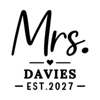 Flat artwork: script 'Mrs.' with small heart, 'DAVIES' and 'EST.2027' - personalised iron-on vinyl transfer design