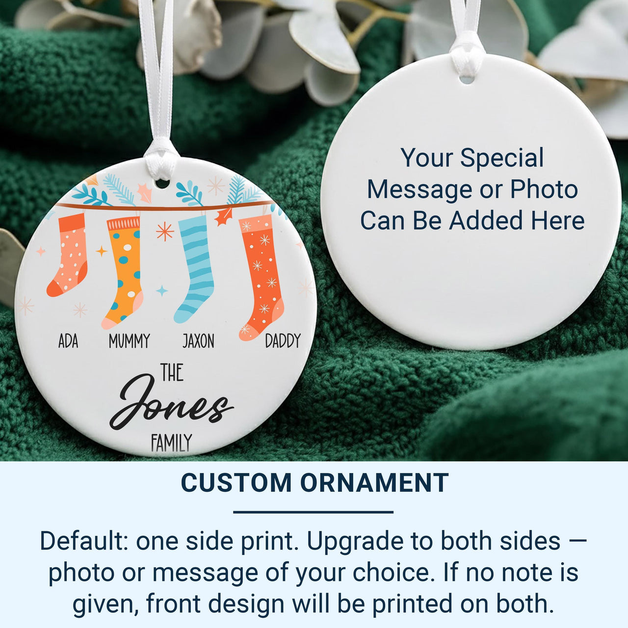 Family Christmas Ornament - Stocking Row with Four Names & Surname