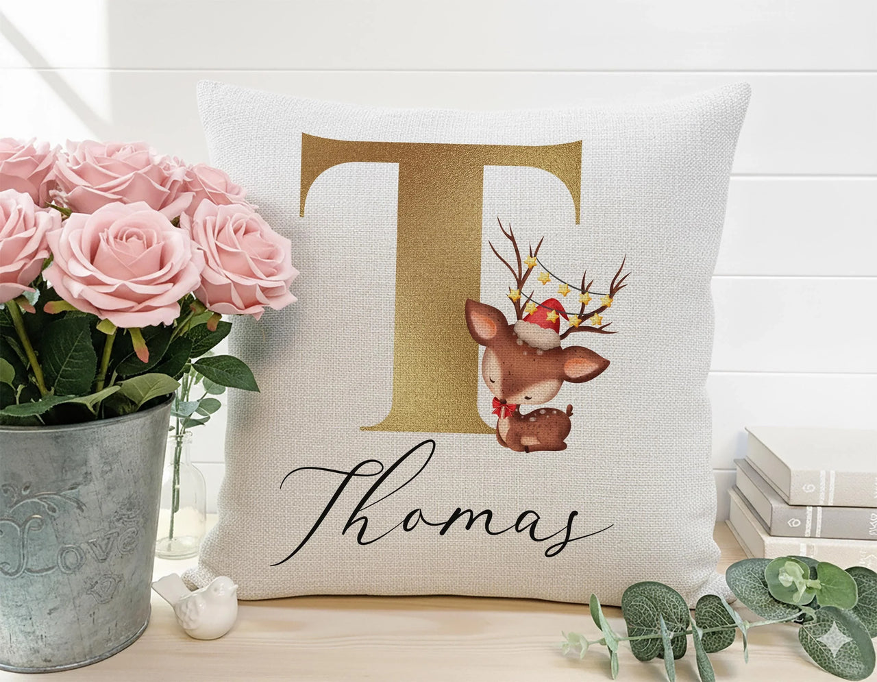 Personalised Christmas Cushion – Reindeer Design Cushion with Gold Initial Pillow
