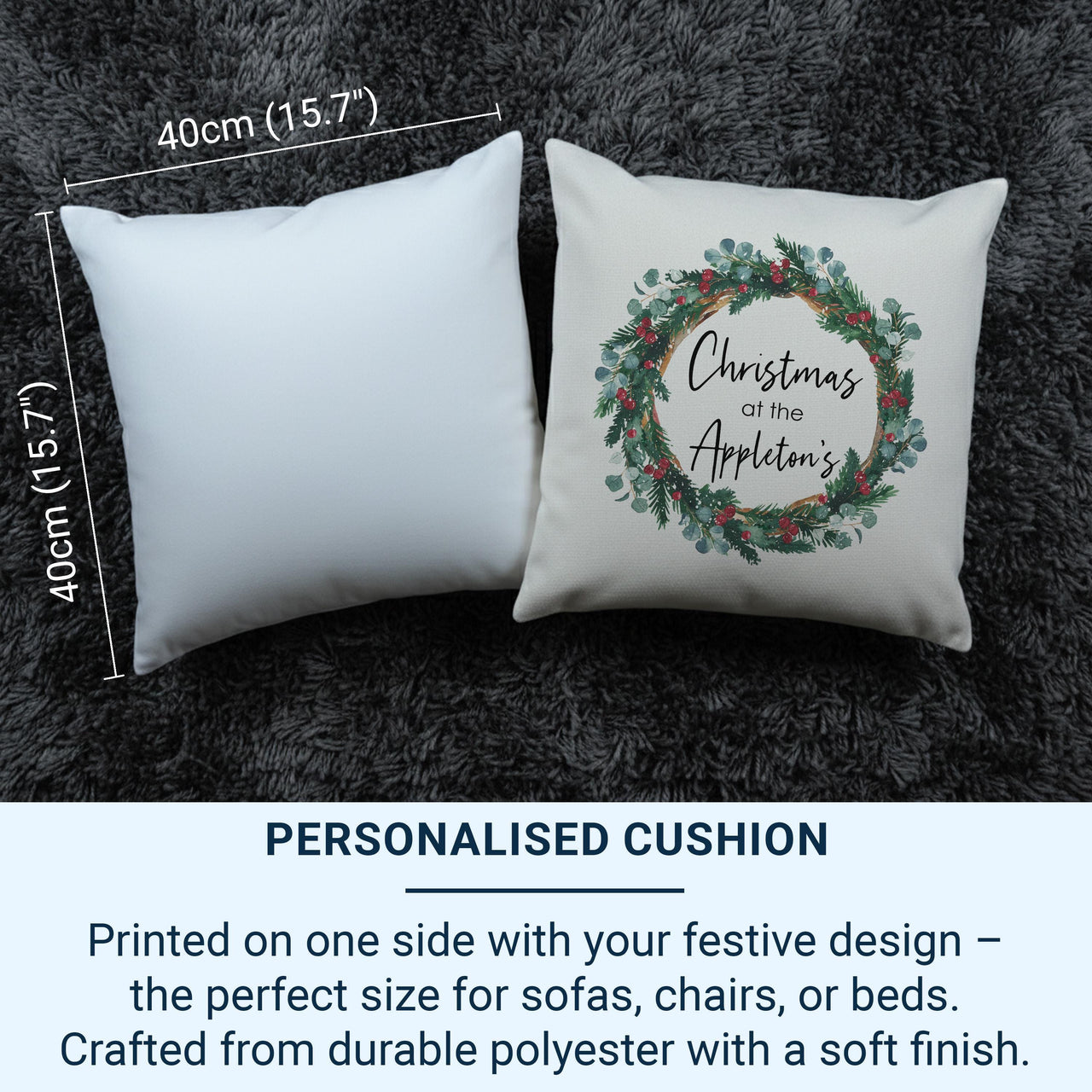 Personalised Christmas at The Family Cushion, Xmas Wreath Cushion Cover, Gift for Friend, Stocking Filler, Best Home Xmas Decoration