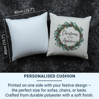 Personalised Christmas at The Family Cushion, Xmas Wreath Cushion Cover, Gift for Friend, Stocking Filler, Best Home Xmas Decoration