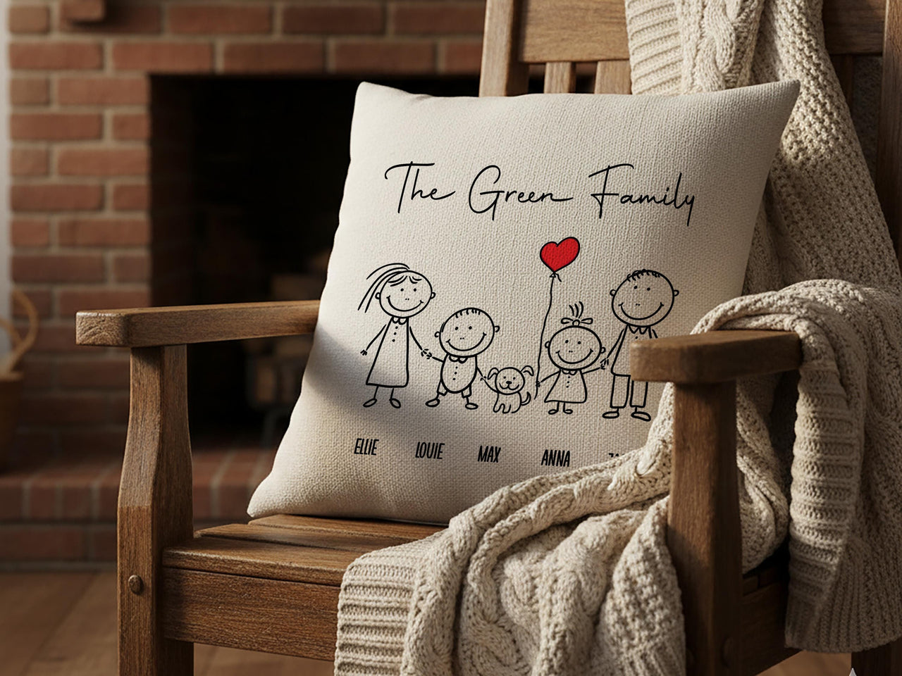 Personalised Family Stick Figure Cushion - Playful Illustrated Keepsake with Names