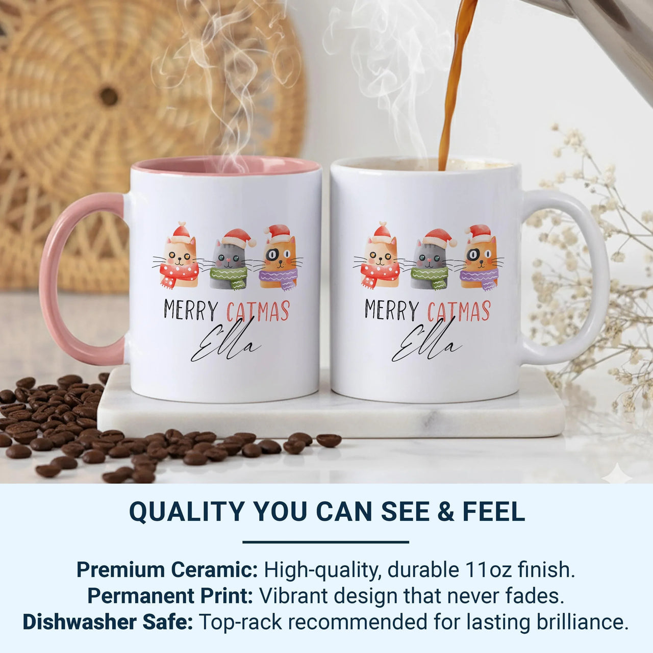 Personalised Cat Mug – Ceramic Coffee Mug with Festive Cats | Cat Owner Gift