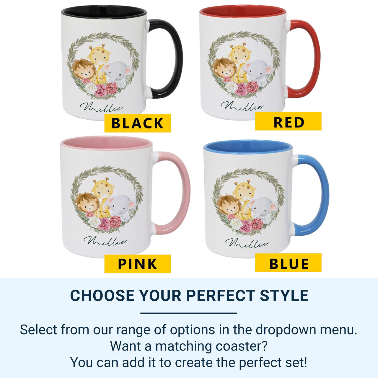 Personalised Baby Name Mug – Safari Animals with Floral Leaf Wreath – New Mum, Baby Shower and Christening Gift