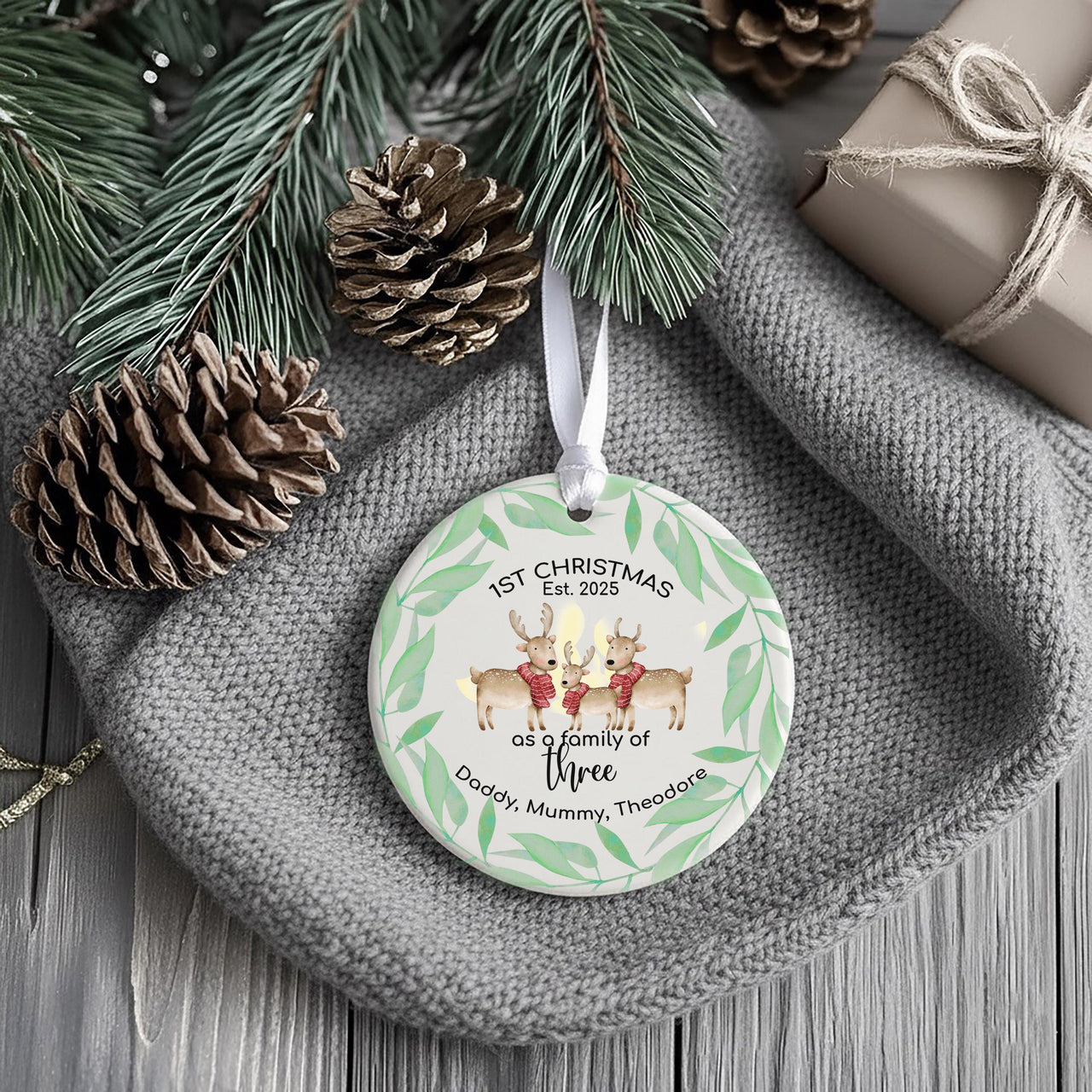 First Christmas as Family of Three Ornament - Personalised Xmas Bauble - Reindeer Family Design - Gift for New Parents