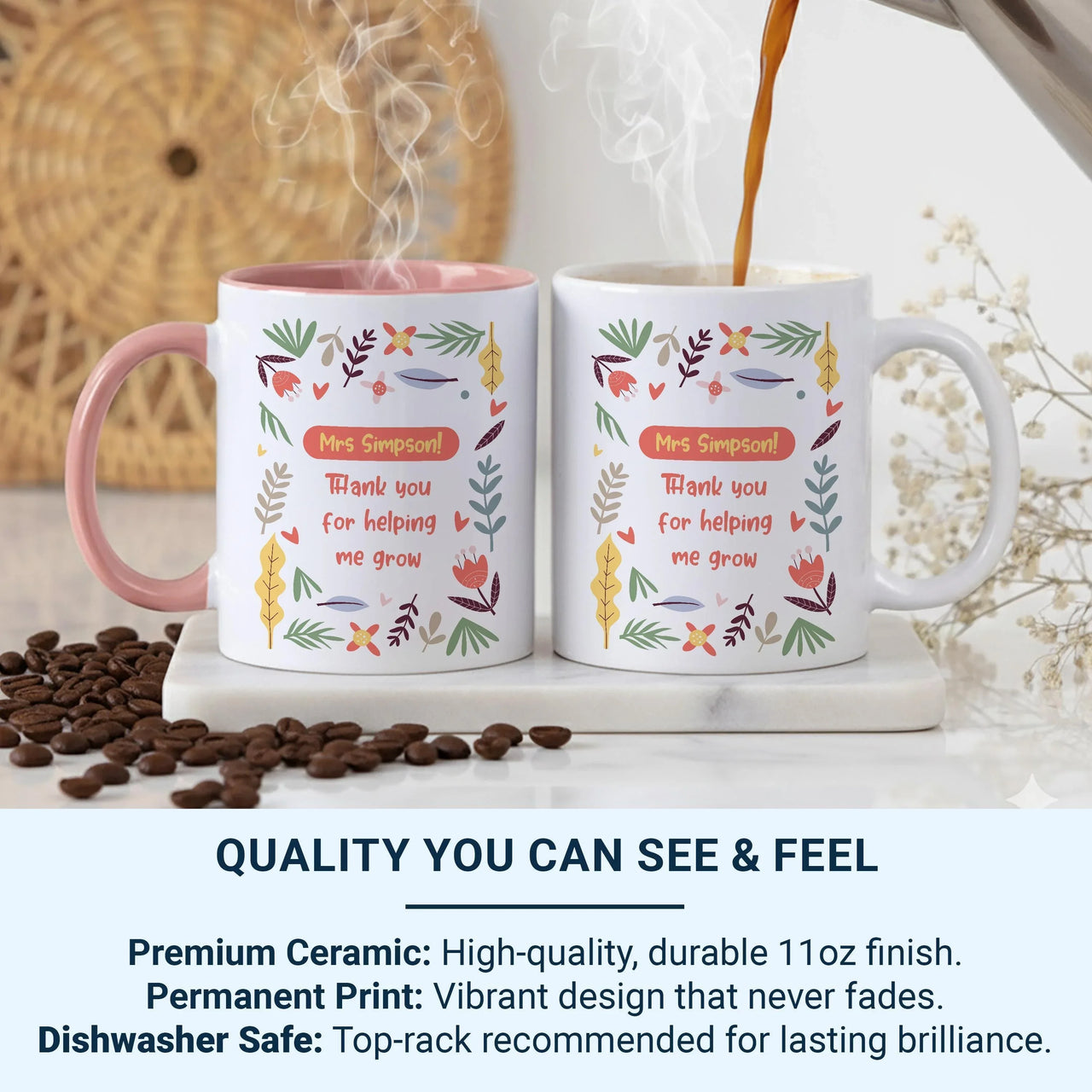 Thank You Teacher Mug – Personalised Floral Teacher Gift With Surname Print