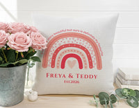 Personalised Rainbow Love Cushion - Heartfelt Keepsake with Names, Quote & Hearts for Couples