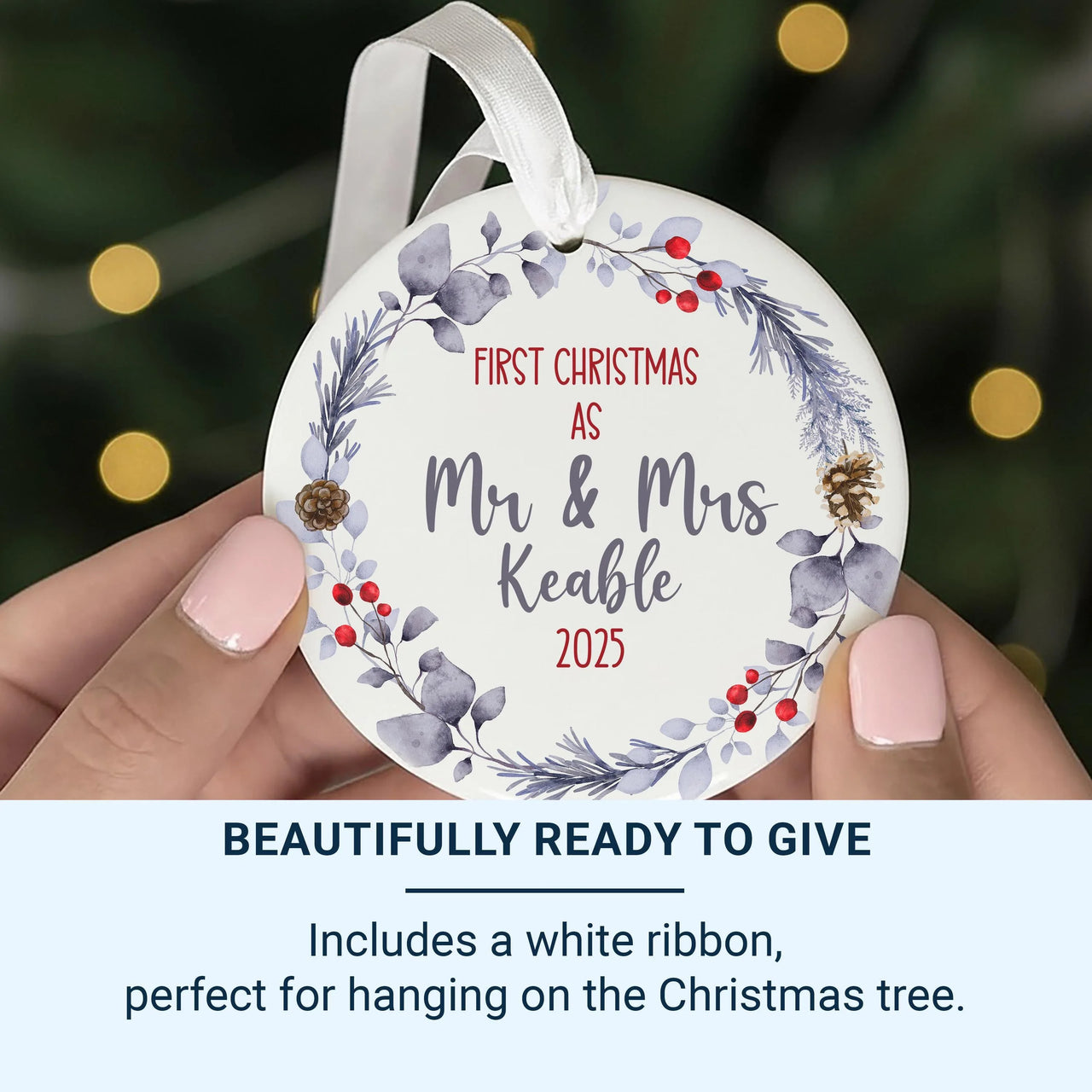 First Christmas As Mr and Mrs Personalised Ornament, Just Married Keepsake, Bauble Name, Custom Round Christmas Decoration, Gift for Couple