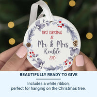 First Christmas As Mr and Mrs Personalised Ornament, Just Married Keepsake, Bauble Name, Custom Round Christmas Decoration, Gift for Couple