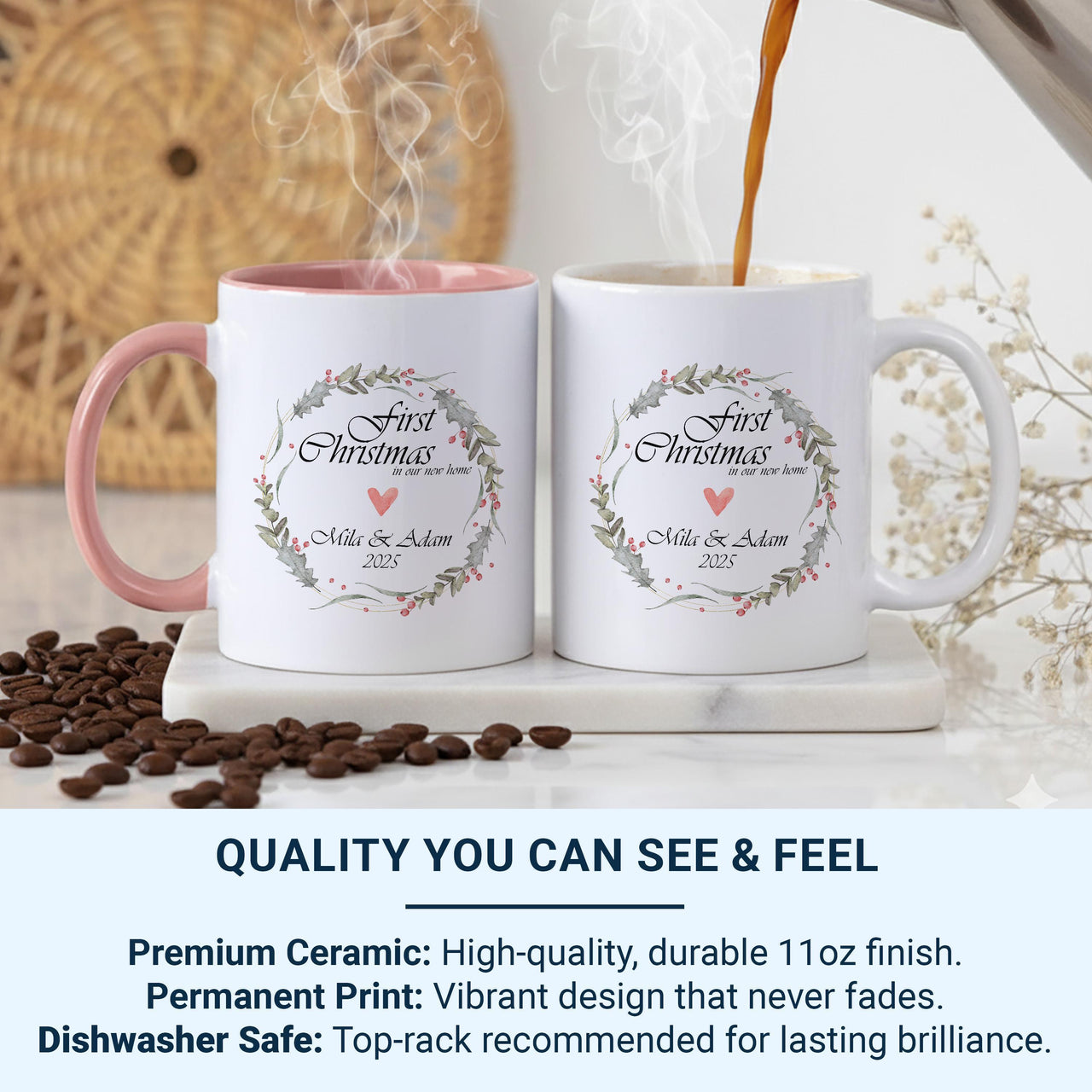 First Christmas in Our New Home Mug – Personalised Names, Year and Wreath – Couple’s Housewarming and Festive Keepsake
